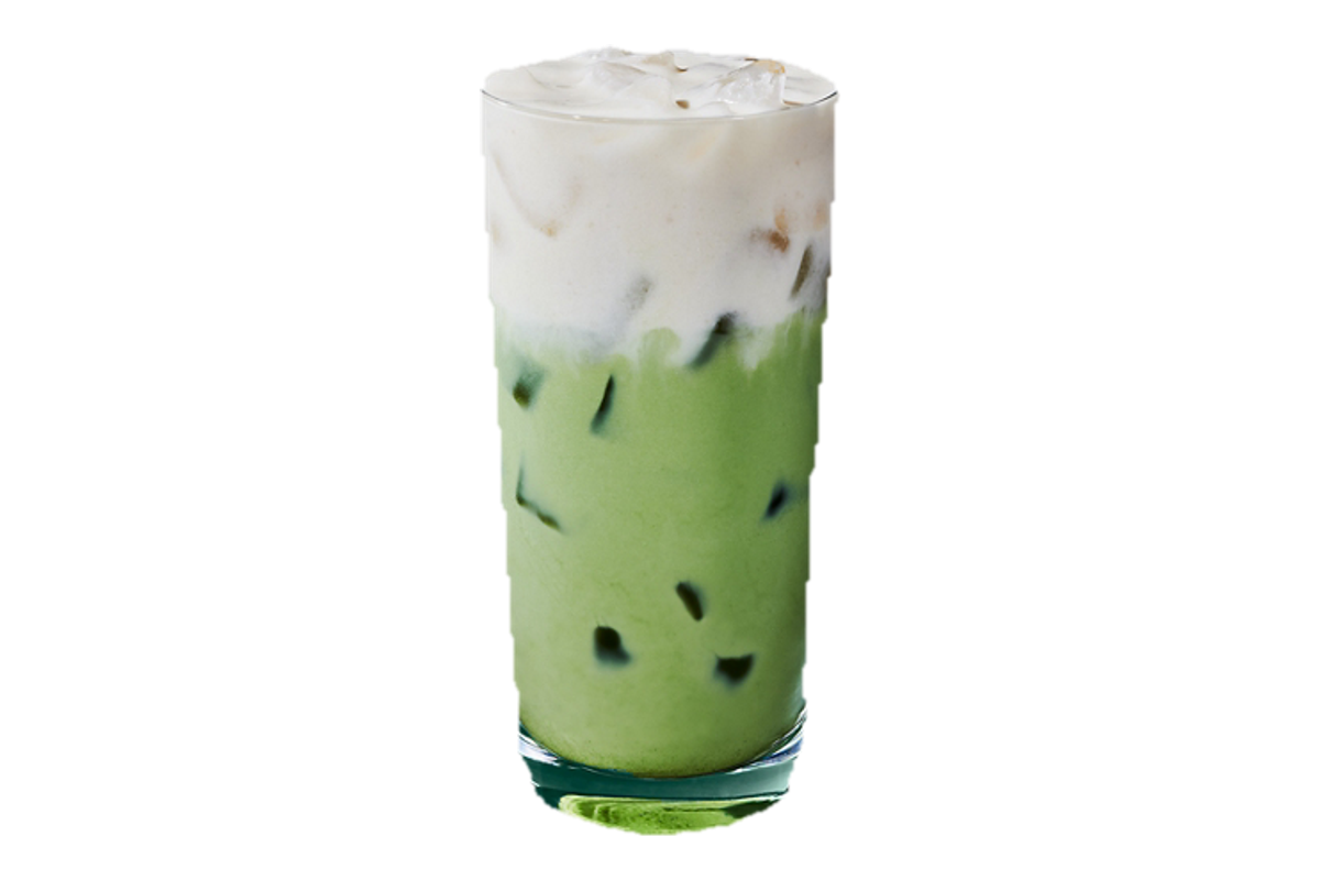 Iced Banana Protein Cream Matcha in a clear cup