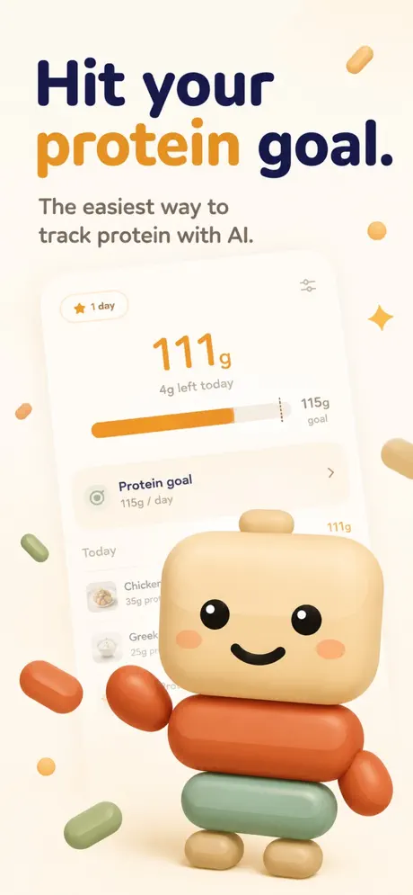 Protein Buddy home screen with the daily protein ring and the Protein Buddy character